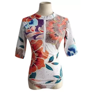 Half Sleeve Deep V-Neck Floral Print Zipper One-Piece Wetsuit Swimwear