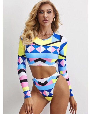 Geometric Print Round-Neck Padded High-Waisted Long Sleeve Wetsuit Swimwear