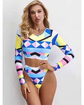 Geometric Print Round-Neck Padded High-Waisted Long Sleeve Wetsuit Swimwear