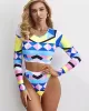 Geometric Print Round-Neck Padded High-Waisted Long Sleeve Wetsuit Swimwear