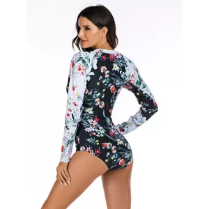 Zipper Contrast Color Floral Print Slim Surfing One-Piece Wetsuit Swimwear