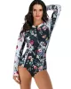 Zipper Contrast Color Floral Print Slim Surfing One-Piece Wetsuit Swimwear