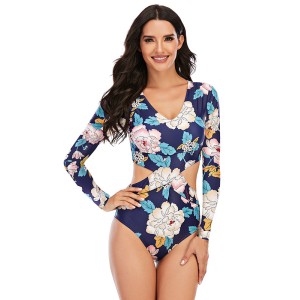 Belly-Hollow Floral Print Long Sleeve V-Neck One-Piece Wetsuit Swimwear