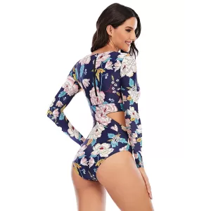 Belly-Hollow Floral Print Long Sleeve V-Neck One-Piece Wetsuit Swimwear