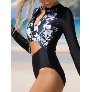 Long-Sleeves Hollow Floral Printed One-Piece Wetsuit