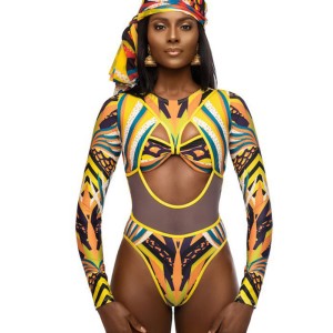 Long Sleeves Hollow Ethnic Printed Backless One-Piece Swimwear