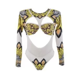 Long Sleeves Hollow Ethnic Printed Backless One-Piece Swimwear