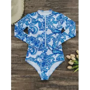 Long-Sleeves Floral Printed Zipper One-Piece Wetsuits