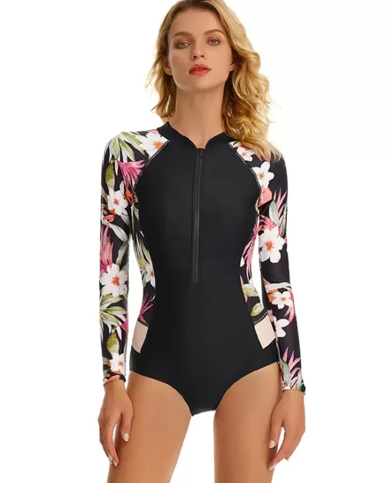 Floral Printed Long-Sleeves Split-Joint One-Piece Wetsuit Floral Printed Long-Sleeves Split-Joint One-Piece Wetsuit