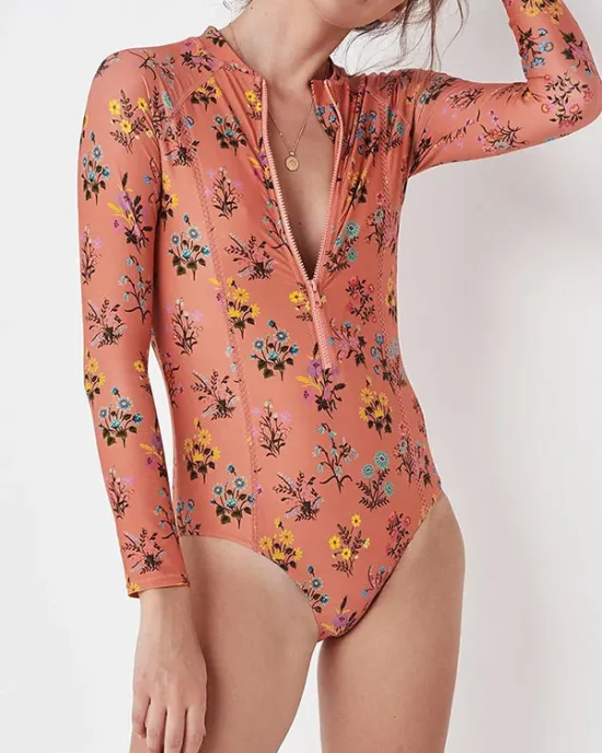 Floral Printed Long Sleeves One Piece Wetsuit