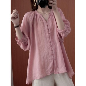 Simple Casual Solid Buttoned Pleated Blouse