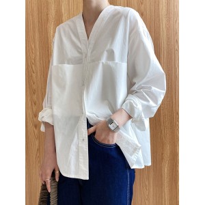 Loose Simple V-Neck Pocket Blouses