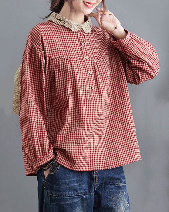 Plaid Ramie Cotton Plus Szie Long Sleeve Shirts