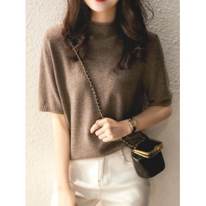 Simple Solid Color Round-Neck Short Sleeves Sweater