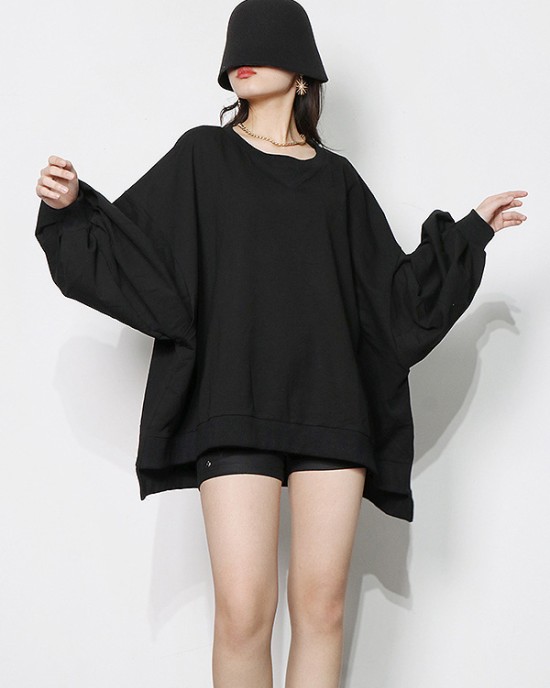 Casual Simple Puff Sleeves Solid Color Round-Neck Sweatshirt Top