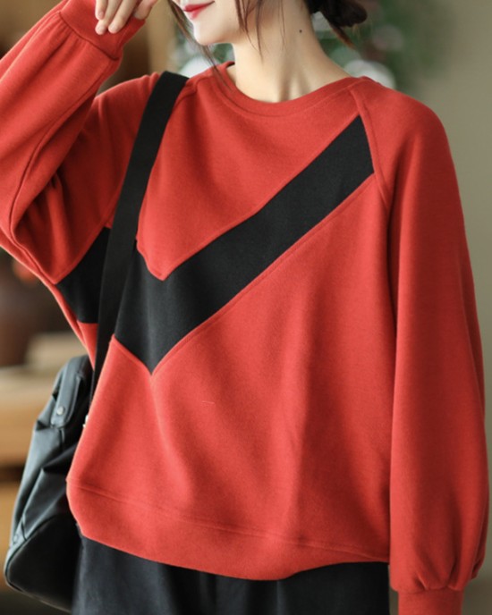 Original Loose Long Sleeves Contrast Color Split-Joint Round-Neck Hoodies&Sweatshirt Tops