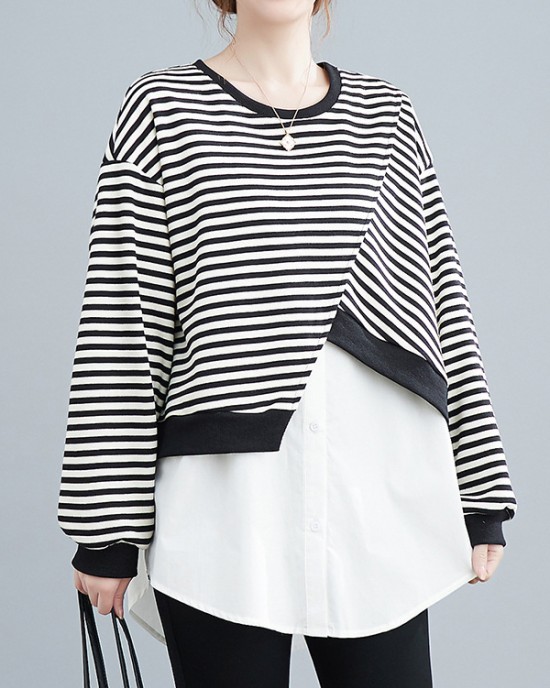 Original Long Sleeves False Two Striped Round-Neck Hoodies&Sweatshirt Tops