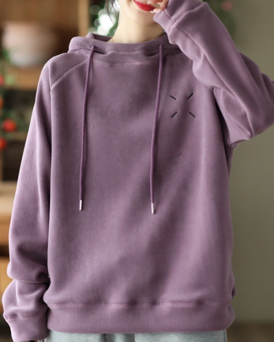 Simple Long Sleeves Loose Velvet Keep Warm Solid Color Hoodies Tops