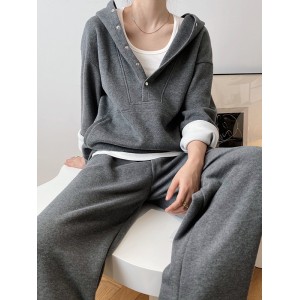 Loose Long Sleeves Split-Joint Hoodies + Elasticity Solid Color Pants Trousers Two Pieces Set