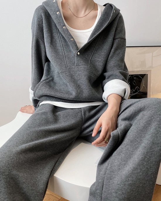 Loose Long Sleeves Split-Joint Hoodies + Elasticity Solid Color Pants Trousers Two Pieces Set