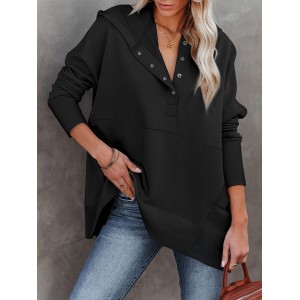 Buttoned Hooded Split-Joint Batwing Sleeves Long Sleeves V-Neck Hoodies Tops