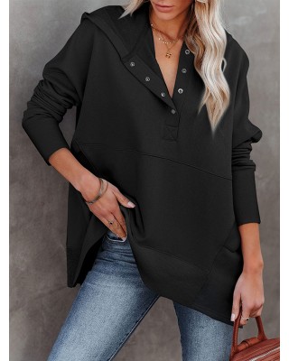 Buttoned Hooded Split-Joint Batwing Sleeves Long Sleeves V-Neck Hoodies Tops