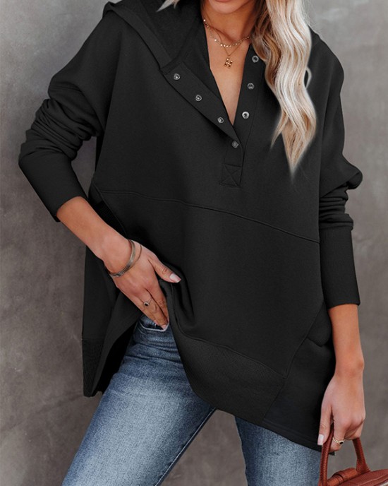 Buttoned Hooded Split-Joint Batwing Sleeves Long Sleeves V-Neck Hoodies Tops