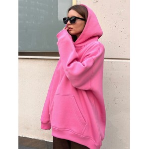 Pockets Solid Color Velvet Long Sleeves Loose Hooded Hoodies Tops