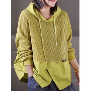 Drawstring Split-front Split-Joint Hooded Long Sleeves Hoodies Tops