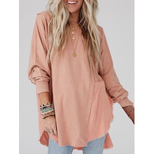 Fringed Split-Joint Split-Side High-Low Long Sleeves Round-Neck Sweatshirt Tops