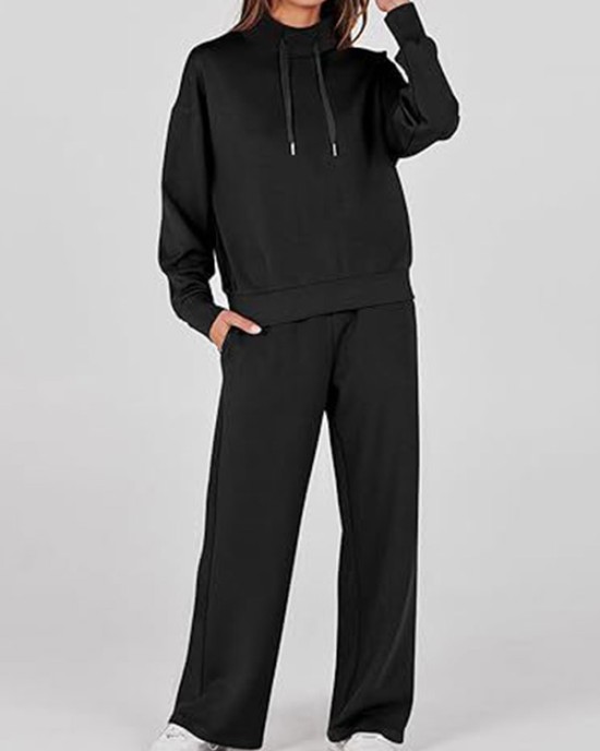 Drawstring Split-Joint High Waisted Long Sleeves Sweatshirt + Pants/Trousers Two Pieces Set