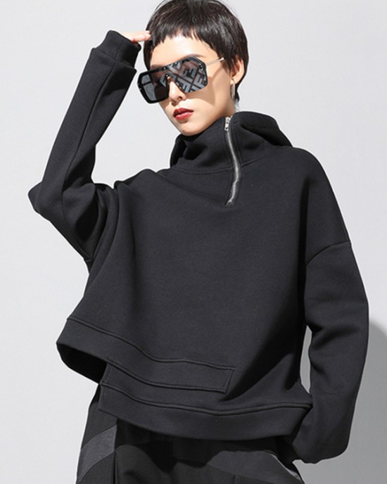 Stylish Black Asymmetric Zipper Hoodies