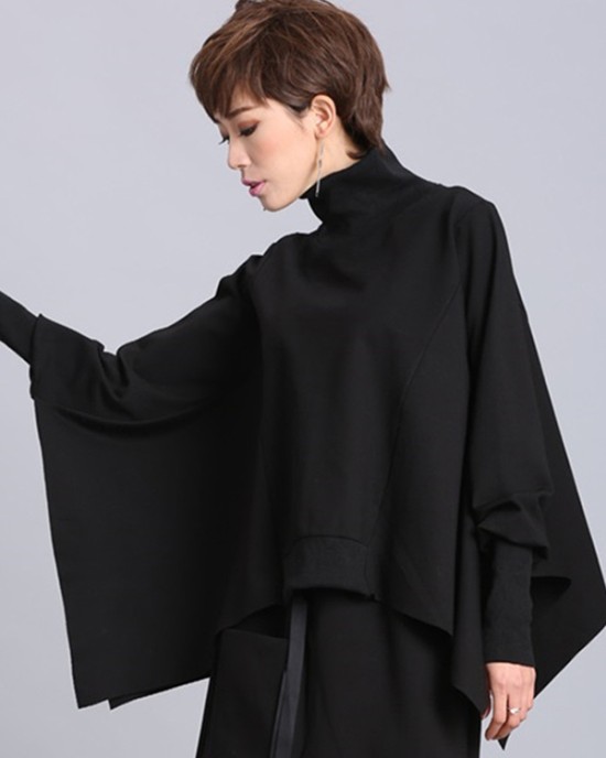 Solid Color Asymmetric High-Neck Loose Batwing Sleeve Sweatshirt