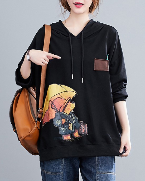 Original Cartoon Printed Drawstring Hoodies