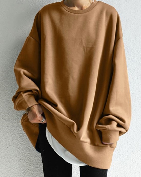 Casual Loose Solid Color Round-Neck Sweatshirt Top