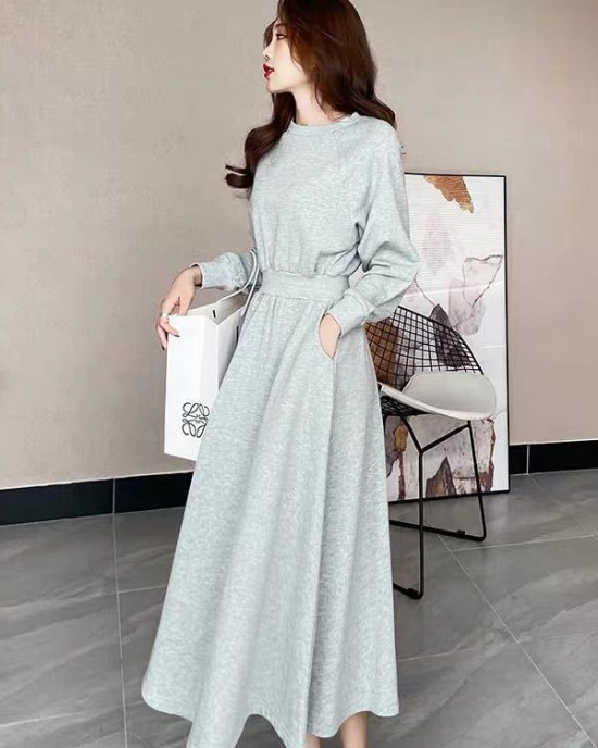 Casual Solid Color Long Sleeves Sweatshirt Dress Midi Dress