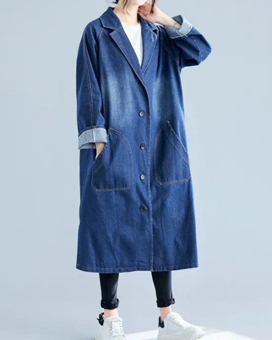 Original Lapel Long Sleeve Denim Outerwear&Trench