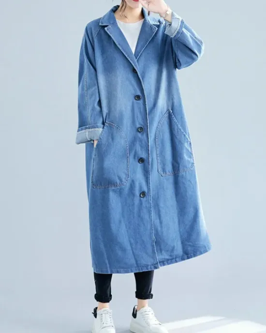 Original Lapel Long Sleeve Denim Outerwear&Trench