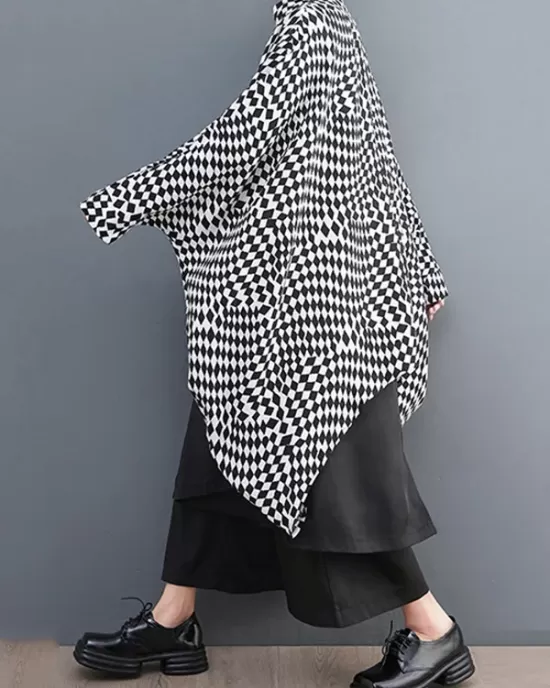 High-Low Loose Plaid Zipper Stand Collar Outerwear