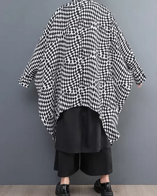 High-Low Loose Plaid Zipper Stand Collar Outerwear