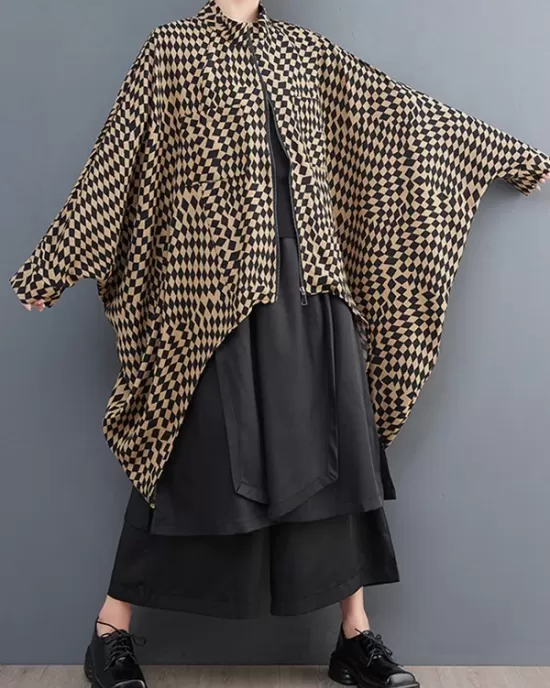 High-Low Loose Plaid Zipper Stand Collar Outerwear