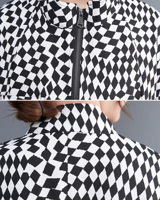 High-Low Loose Plaid Zipper Stand Collar Outerwear