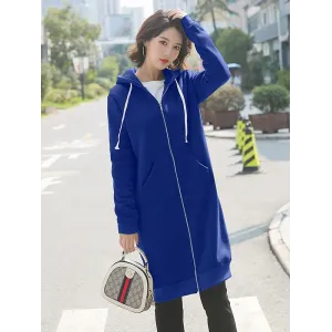 4Colors Drawstring Hooded Split-Joint Pocket Solid Color Zipper Outerwear