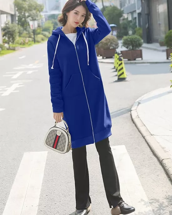 4Colors Drawstring Hooded Split-Joint Pocket Solid Color Zipper Outerwear