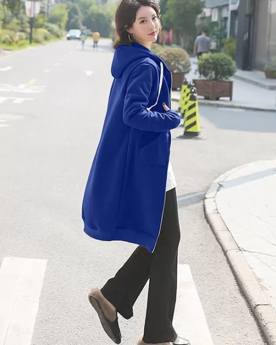 4Colors Drawstring Hooded Split-Joint Pocket Solid Color Zipper Outerwear