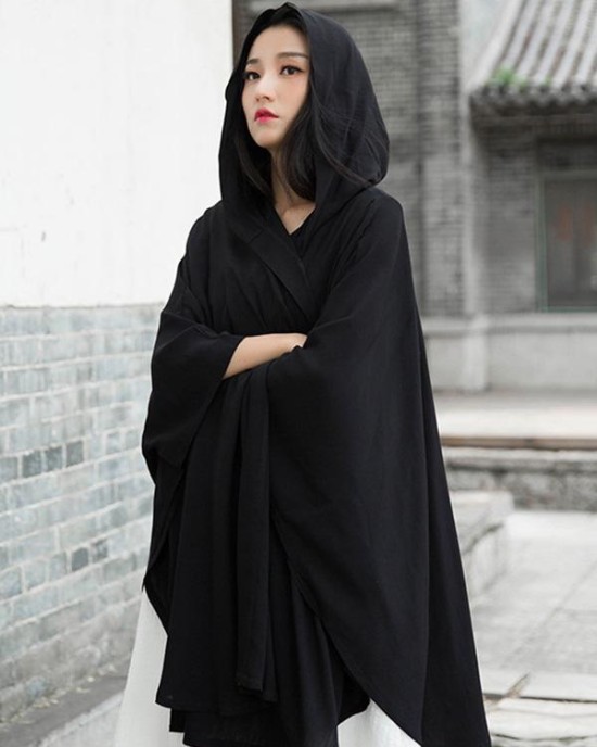 Simple Solid Loose Batwing Sleeve Hood Cape