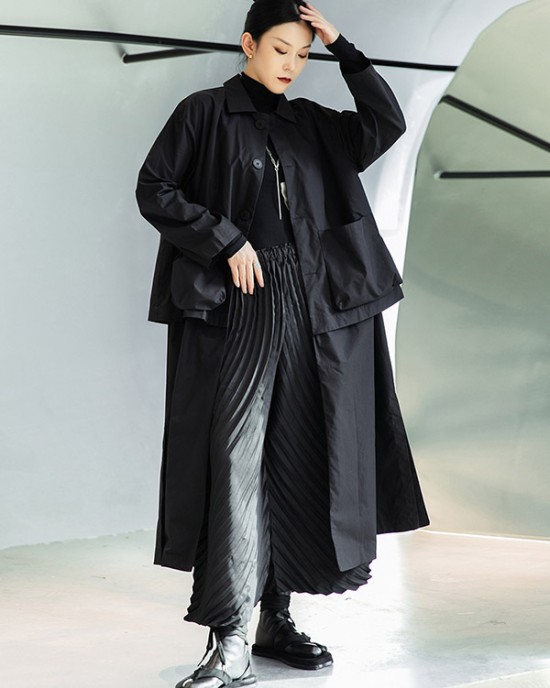 Loose Split-Joint Black False Two Trench Coat