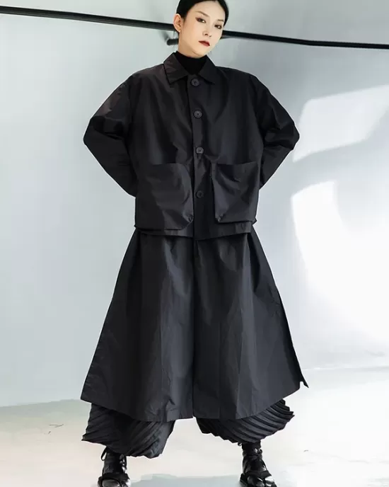 Loose Split-Joint Black False Two Trench Coat