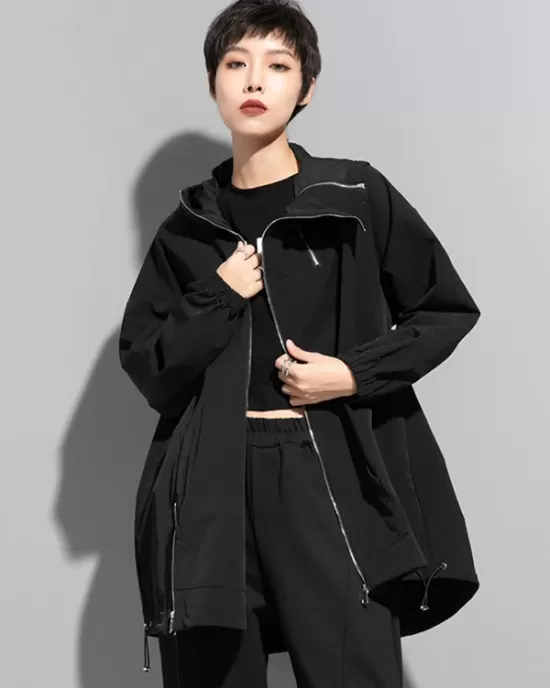 Fashion Irregularity Loose Solid Color Zipper Hooded Outerwear