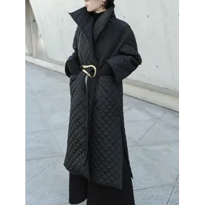 Black Rhombic Split-Side High Collar Long Coat